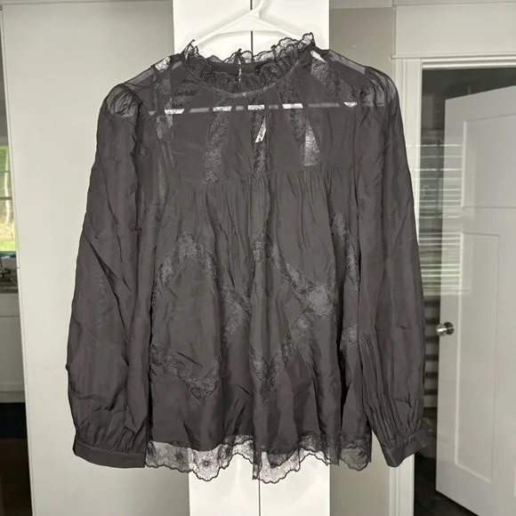 NWT Madewell Lace-Inset Top Blouse Silk True Black - Picture 2 of 6